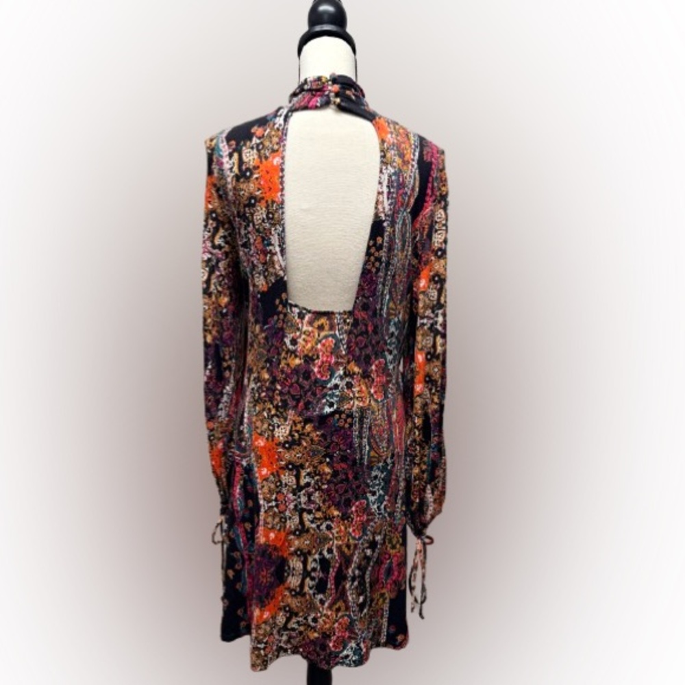 Free People - All Dolled Up Mini Dress Paisley Mock Neck Cutout Back-Size Large - Picture 2 of 6
